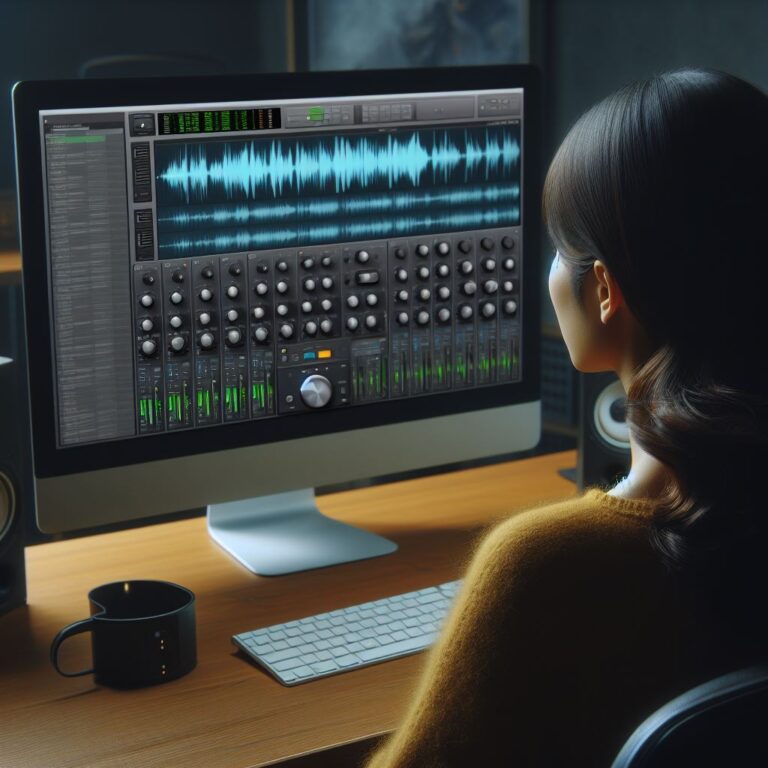 create an image of a computer screen showing a digital audio workstation with a soft clipper plugin inserted on the master bus